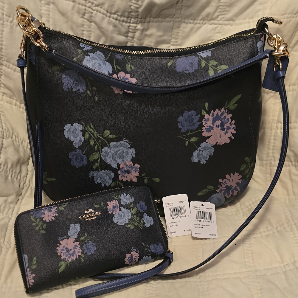 Coach Navy Floral Shoulder Bag and Wallet